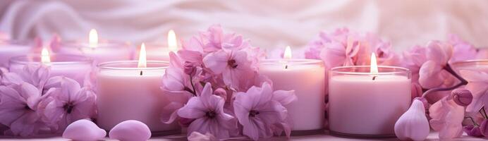 ai generiert ein Bild von Kerzen und Blumen mit lila Blumen foto