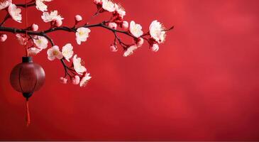 ai generiert Chinesisch Laterne im blühen gegen rot Hintergrund foto