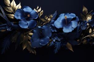 ai generiert Blau tropisch Blumen mit Blätter auf Blau Hintergrund foto