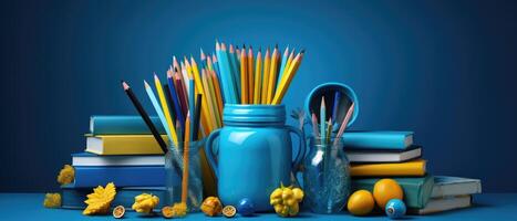 ai generiert Blau und Gelb Rucksack und Bleistifte auf das Blau Hintergrund foto