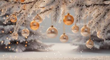 ai generiert Weihnachten Baum mit funkeln Bälle hängend auf Geäst im Hintergrund foto
