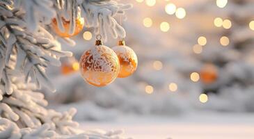 ai generiert Weihnachten Baum mit funkeln Bälle hängend auf Geäst im Hintergrund foto