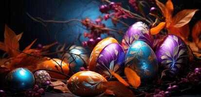 ai generiert bunt bunt Frühling Ostern Eier auf ein Grün Blatt foto