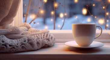 ai generiert Kaffee Tasse und Winter Dekor im Fenster von ein Fenster, foto