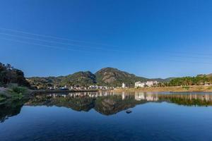 der Landfluss spiegelt den Berg, und die Dörfer und Wälder liegen unter dem blauen Himmel foto