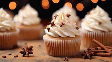 ai generiert Weihnachten Weiß Cupcake mit Zimt Stock foto