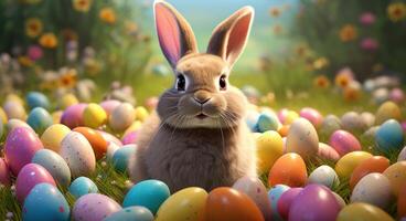 ai generiert Ostern Hase im ein Feld von farbig Eier foto
