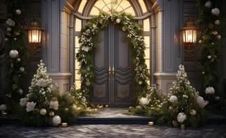 ai generiert Vorderseite Tür mit Blume Anordnung, Licht und Laternen foto