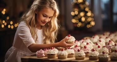 ai generiert im Vorderseite von ein Tisch, jung Mädchen ist Putten Glasur auf Cupcakes foto