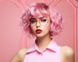 ai generiert weiblich Frau mit Brille posieren im ein Rosa Outfit gegen Rosa Hintergrund foto