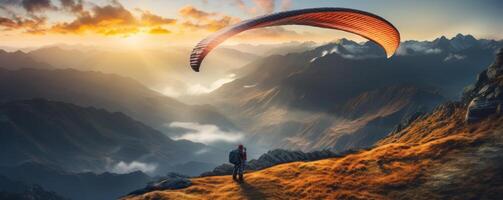 ai generiert Gleitschirmfliegen im ein neblig Tag im das Berge foto