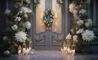 ai generiert Vorderseite Tür mit Blume Anordnung, Licht und Laternen foto