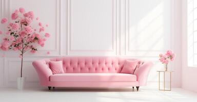 ai generiert Rosa Samt Couch im ein Weiß Zimmer mit ein Blume im das Mitte foto