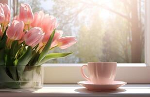 ai generiert Rosa Tulpen und ein Rosa Geschenk Karte auf das Tabelle foto