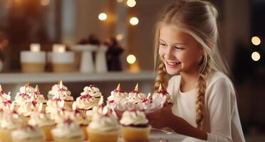 ai generiert im Vorderseite von ein Tisch, jung Mädchen ist Putten Glasur auf Cupcakes foto