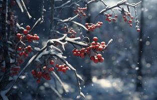 ai generiert rot Beeren im das Schnee auf das hölzern Hintergrund foto