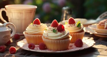 ai generiert Himbeere Cupcakes mit Glasur und Zitrone Sahne Käse Glasur auf Tabelle foto