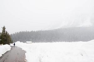 junge Person, die an einem verschneiten Tag von ihrem Rücken aus gesehen wird. Holzhaus und Wald im Hintergrund. Banff-Nationalpark, Kanada