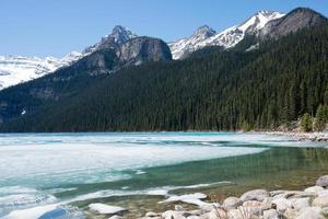 schöne landschaft an einem sonnigen tag am gefrorenen see luise. Menschen in der Ferne zu Fuß in der Nähe des Waldes und des Sees. Banff-Nationalpark, Alberta, Kanada. foto