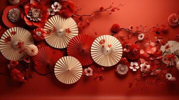 ai generiert rot Mauer gefüllt mit Papier Fans und andere Chinesisch Dekorationen foto