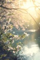 ai generiert Morgen Hintergrund mit Blüten, Sanft Sonnenlicht foto