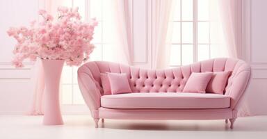 ai generiert Rosa Samt Couch im ein Weiß Zimmer mit ein Blume im das Mitte foto