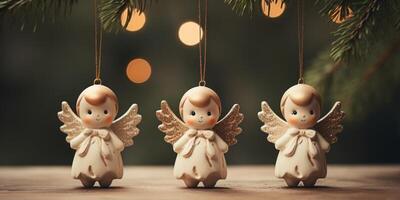 ai generiert klein Engel Figuren hängend auf ein Weihnachten Baum foto