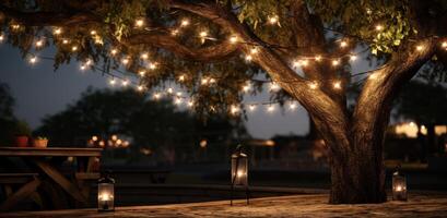 ai generiert Zeichenfolge Beleuchtung mit Beleuchtung um ein Baum foto
