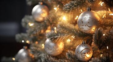 ai generiert funkelnd Weihnachten Bälle auf das Baum foto