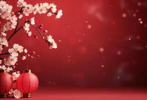 ai generiert rot Hintergrund mit China Papier Laternen und Kirsche Blüten foto
