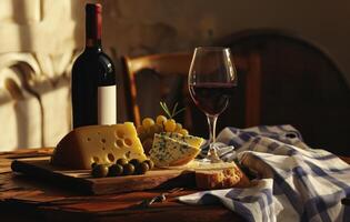 ai generiert rot Wein mit Käse und Olive foto
