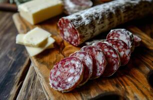 ai generiert geschnitten Salami und Butter auf ein Planke, foto