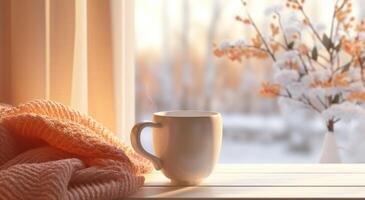 ai generiert das Tasse sitzt im Vorderseite von ein Fenster im das Winter foto