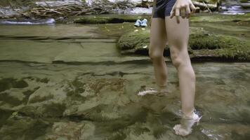 Junge Spaziergänge im Wasser im Wald. kreativ. Junge im Schwimmen Stämme Spaziergänge auf Wasser im Sommer- Wald. Jungs Füße gehen auf Wasser im wild Wald im Sommer. Sommer- Wanderung im wild Wald foto