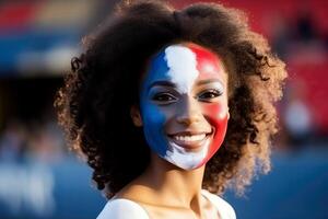 ai generiert Französisch Fan mit Flagge Gesicht Farbe . Frankreich 2024 olympisch Konzept .generativ ai foto