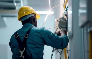 ai generiert Elektriker Mann Arbeiter Installation Lampe im ein Büro Zimmer . generativ ai foto