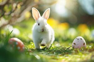 ai generiert glücklich Hase mit Ostern Eier auf Gras festlich generativ ai foto