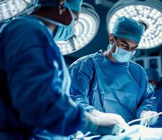 ai generiert Foto von ein männlich Arzt durchführen Chirurgie im ein Betriebs Zimmer. generativ ai