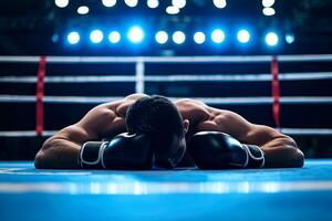 ai generiert ein Boxer Mann Stürze geklopft aus Tko. Niederlage im Schlacht. ai generativ foto