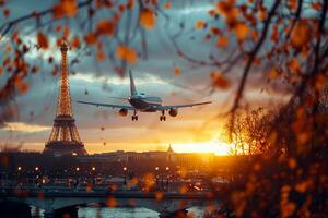 ai generiert Flugzeug über Eiffel Turm im Paris, C, Reise Europa, szenisch, Umzug.ai generativ foto