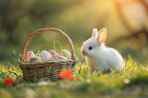 ai generiert glücklich Hase mit Ostern Eier auf Gras festlich generativ ai foto