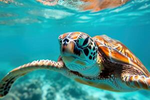 ai generiert Meer Schildkröte schwimmt unter Wasser. generativ ai. foto
