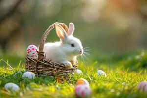 ai generiert glücklich Hase mit Ostern Eier auf Gras festlich generativ ai foto