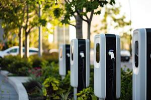 ai generiert ev schnell elektrisch Fahrzeug Ladegeräte Bahnhof im Park Stadt, generativ ai foto