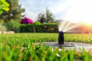 ai generiert Bewässerung das Rasen Gras im das Park Wasser spritzt gegen das Hintergrund von das Sonne generativ ai foto