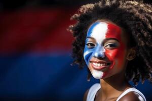 ai generiert Französisch Fan mit Flagge Gesicht Farbe . Frankreich 2024 olympisch Konzept .generativ ai foto