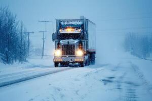 ai generiert das LKW geht auf Schnee im Winter Bedingungen, generativ ai foto