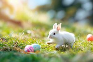 ai generiert glücklich Hase mit Ostern Eier auf Gras festlich generativ ai foto