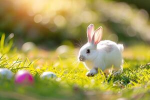 ai generiert glücklich Hase mit Ostern Eier auf Gras festlich generativ ai foto