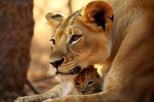 ai generiert Mutter Liebe zwischen schön ein Löwe und ein Jungtier erstellt. generativ ai foto